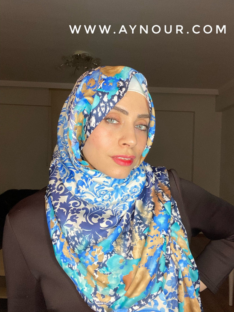 Royal mix blue satin classy non transparent luxurious fabric Hijab 2021 - Aynour.com