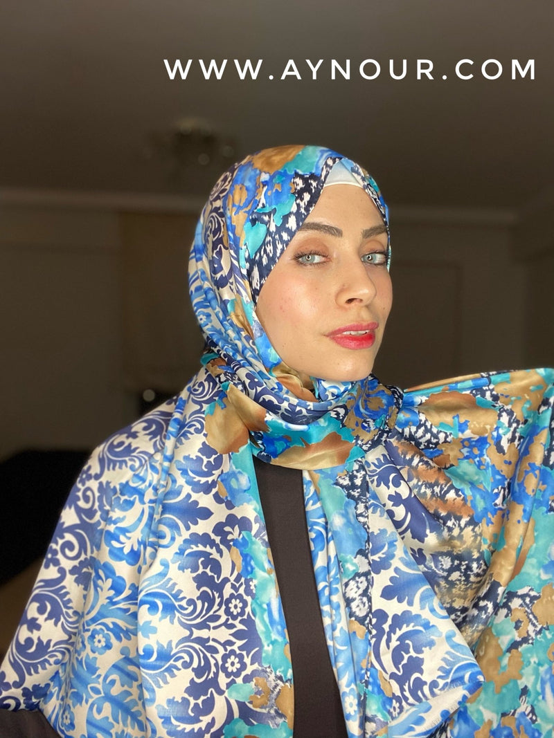 Royal mix blue satin classy non transparent luxurious fabric Hijab 2021 - Aynour.com