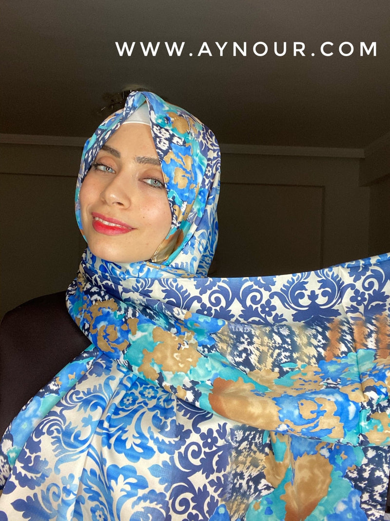 Royal mix blue satin classy non transparent luxurious fabric Hijab 2021 - Aynour.com