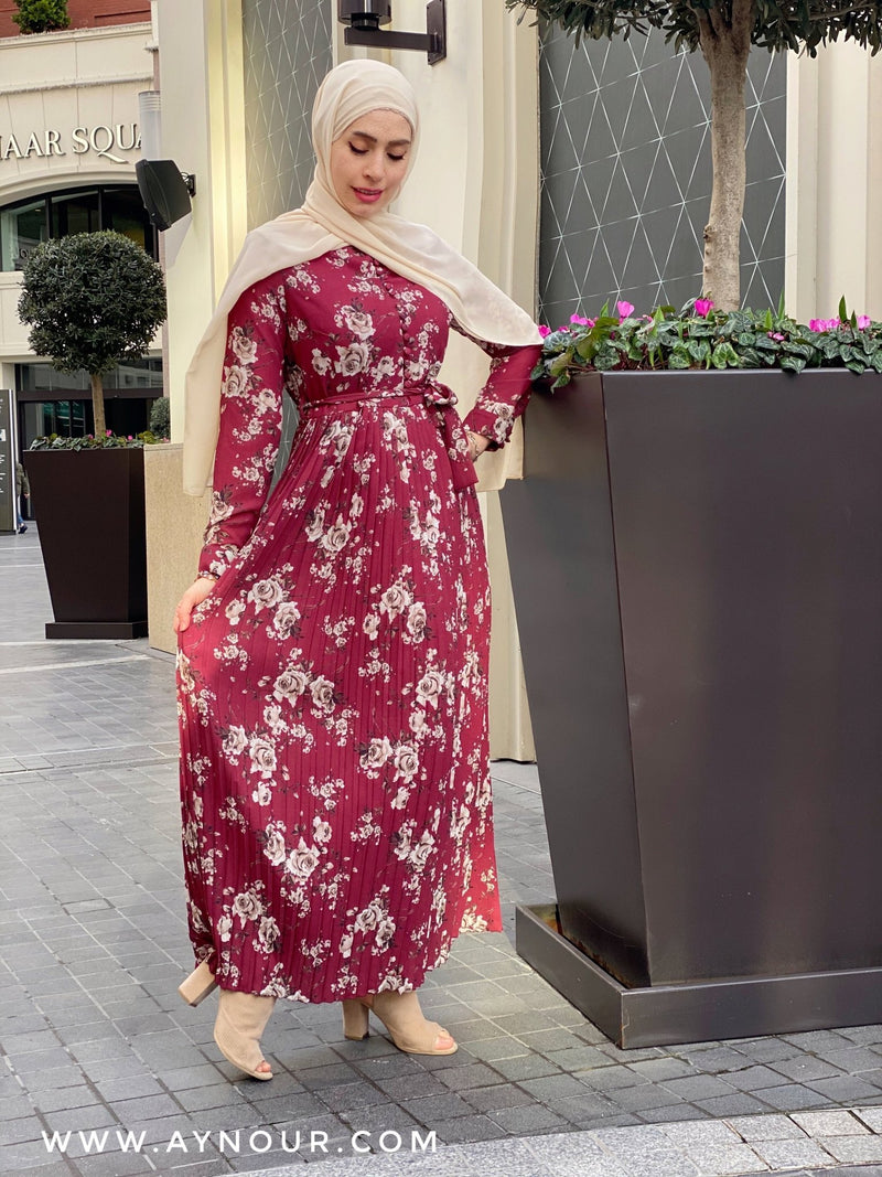 Ruby red with flowers Modest Dress with belt spring collection 2021 - Aynour.com