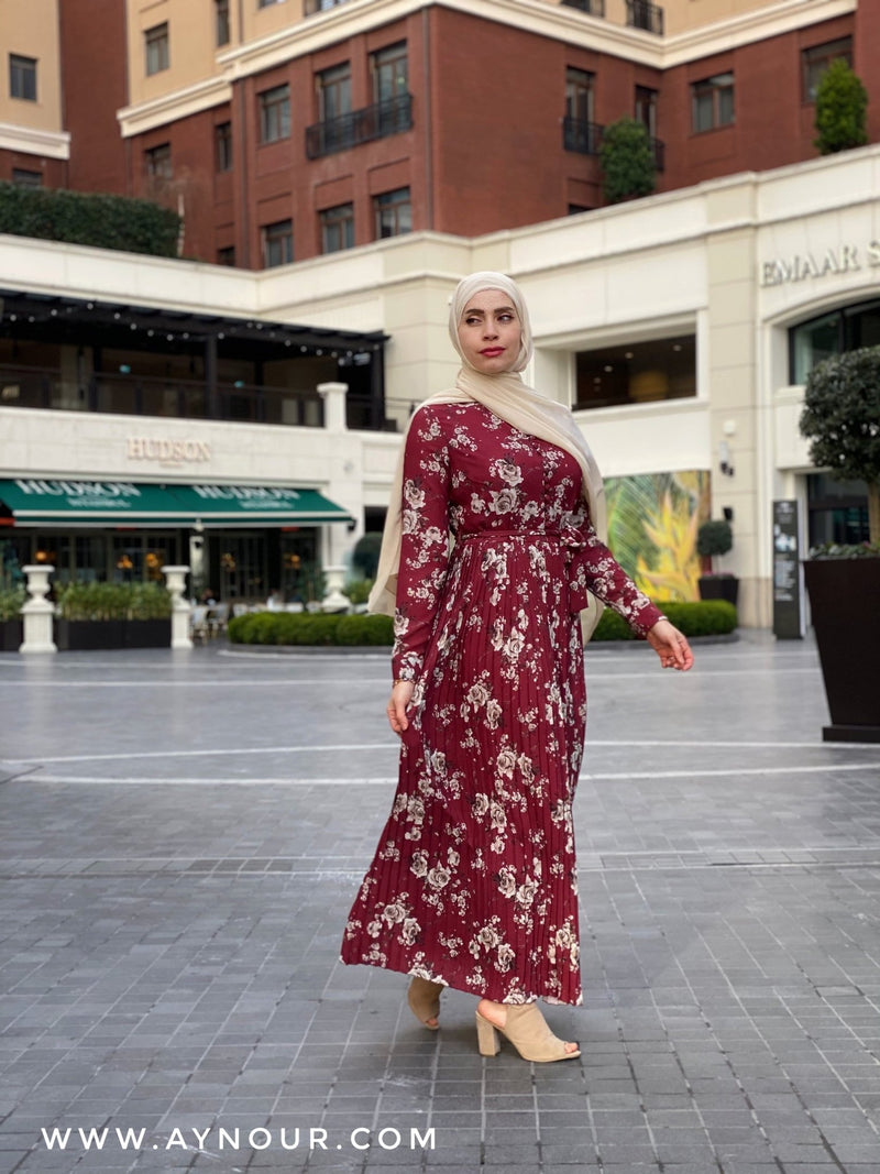 Ruby red with flowers Modest Dress with belt spring collection 2021 - Aynour.com