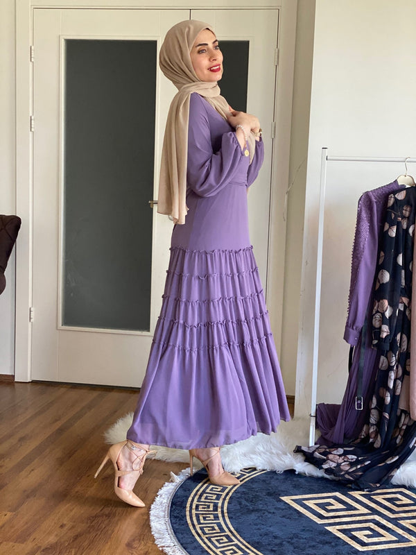 Tulip light purple Modest Dress with belt spring collection 2021 - Aynour.com