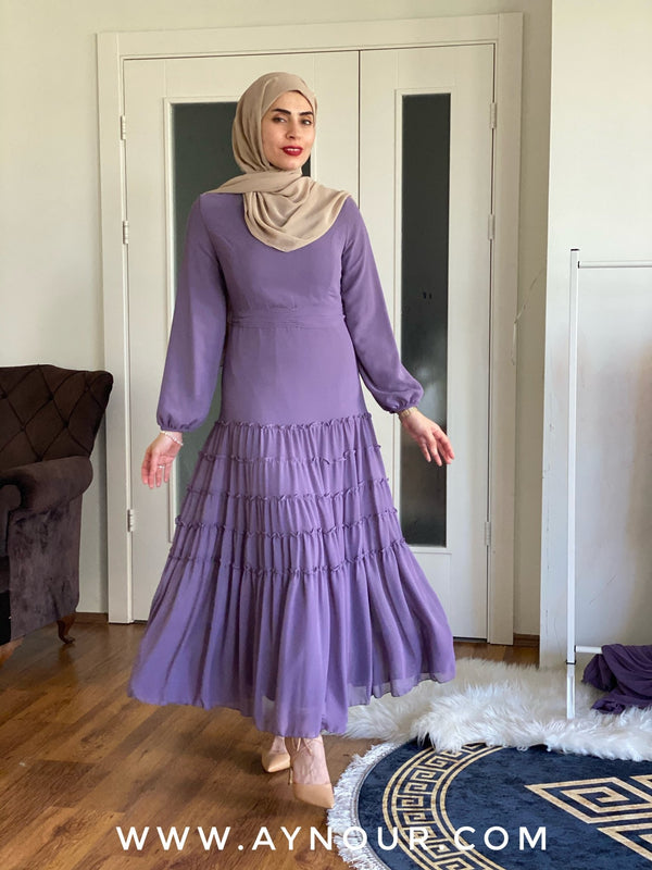 Tulip light purple Modest Dress with belt spring collection 2021 - Aynour.com