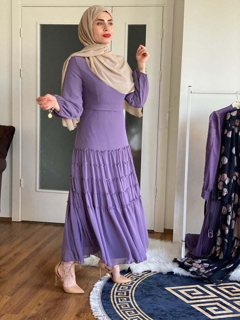 Tulip light purple Modest Dress with belt spring collection 2021 - Aynour.com