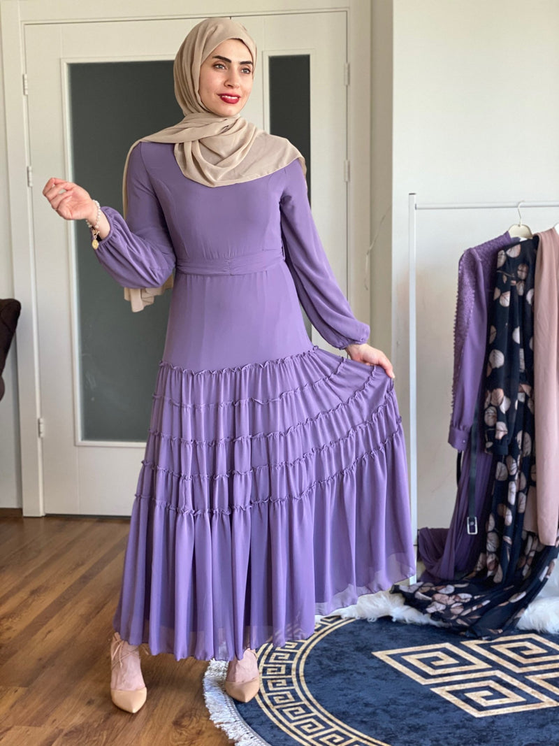 Tulip light purple Modest Dress with belt spring collection 2021 - Aynour.com