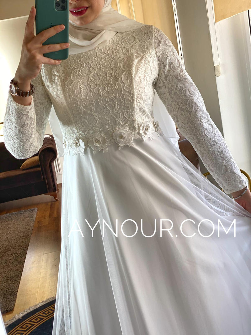 White flowers regular and plus size Modest Dress 2020 - Aynour.com