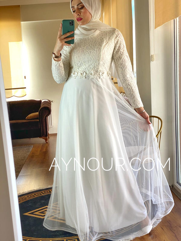 White flowers regular and plus size Modest Dress 2020 - Aynour.com