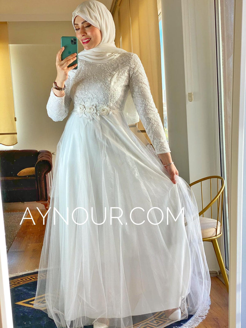 White Princess Glory slim size Modest Dress 2020 - Aynour.com