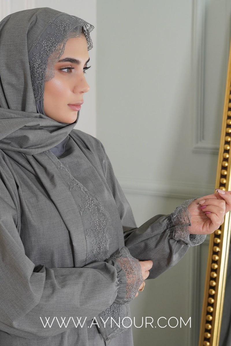 Yaqeen Prayer 1Piece Headscarf and long jilbab attached Islamic Hijab Luxurious with dantel - Aynour.com