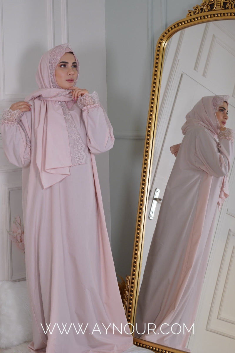 Yaqeen Prayer 1Piece Headscarf and long jilbab attached Islamic Hijab Luxurious with dantel - Aynour.com