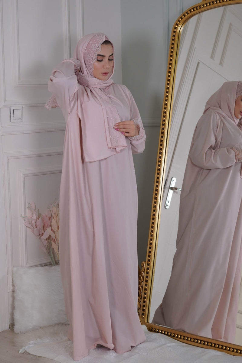 Yaqeen Prayer 1Piece Headscarf and long jilbab attached Islamic Hijab Luxurious with dantel - Aynour.com